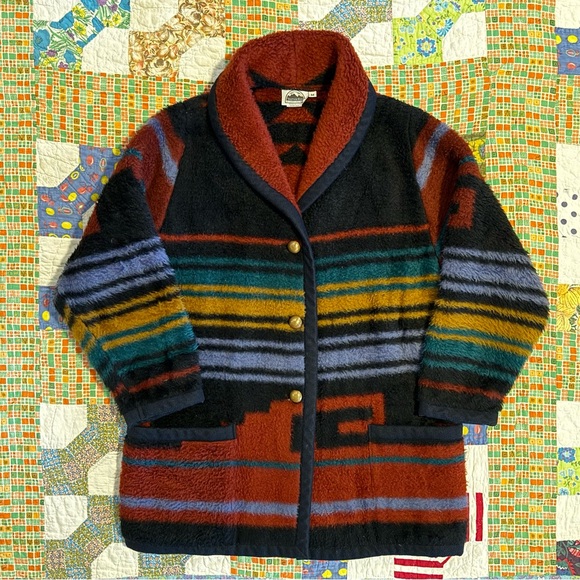 Vintage Jackets & Blazers - Vintage Southwestern Fleece Cardigan with Sash Pockets Gold Buttons Made in USA